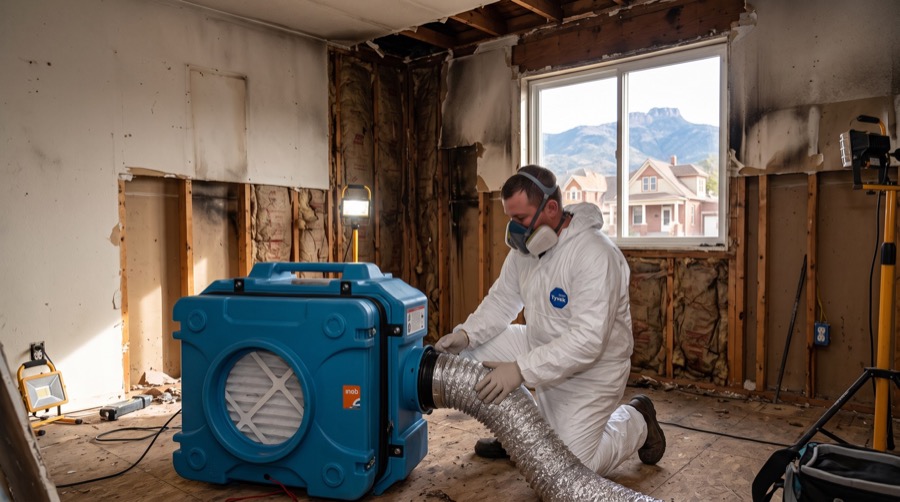A technician setting up an air scrubber inside a fire-damaged room