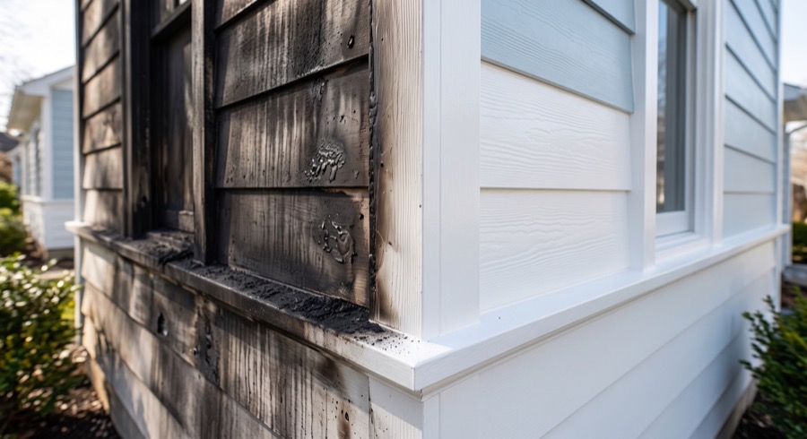 Charred exterior siding beside newly restored siding on a Denver home