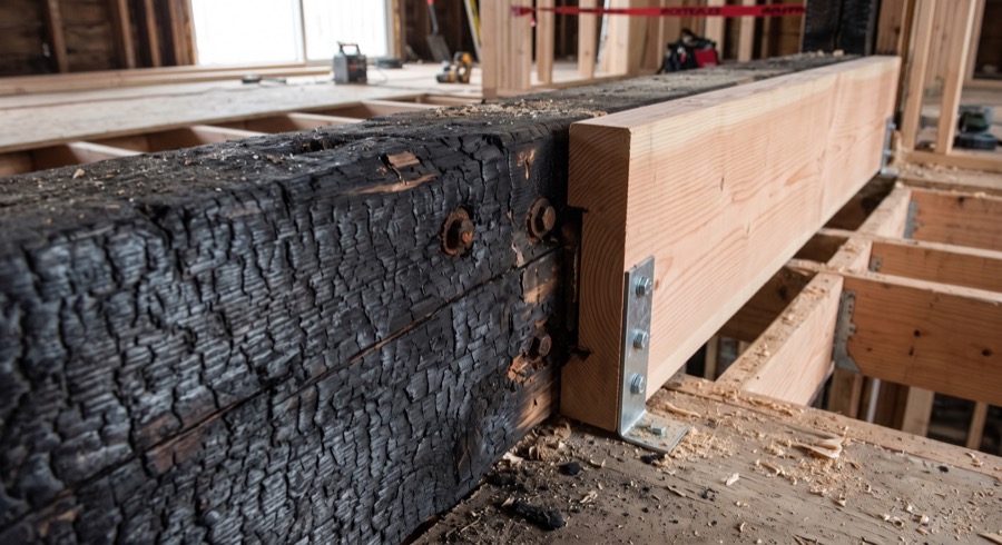 A charred structural beam next to replacement framing lumber