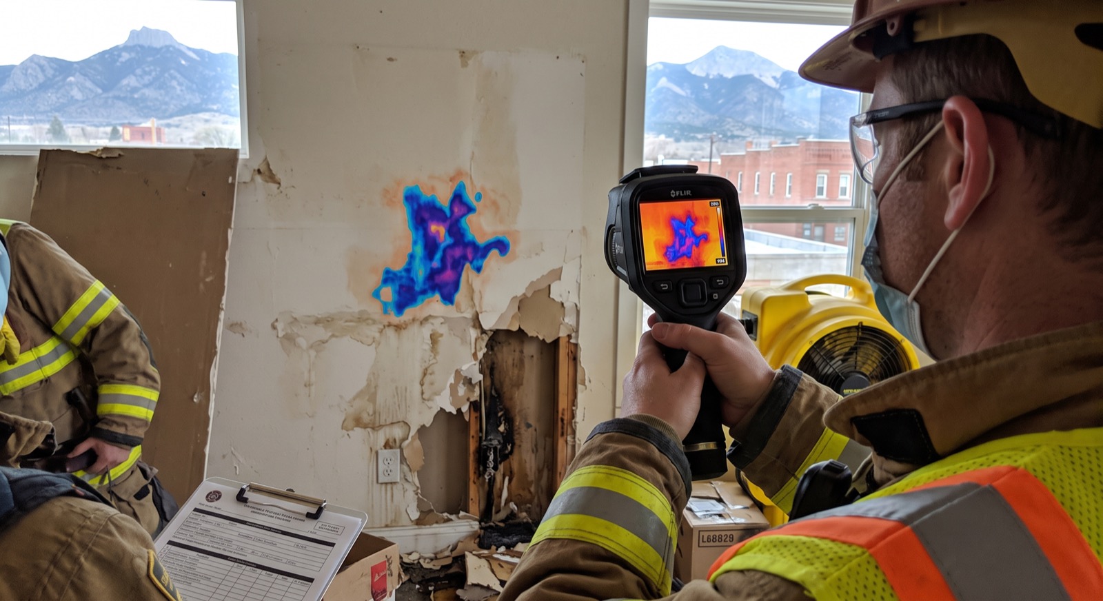 A restoration technician using a thermal camera to inspect a fire-damaged wall
